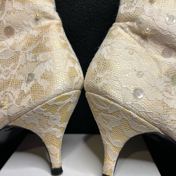 Vintage Aphrodite Heeled Bridal Boots with Lace custom hand beaded & sequined. - Picture 5 of 11